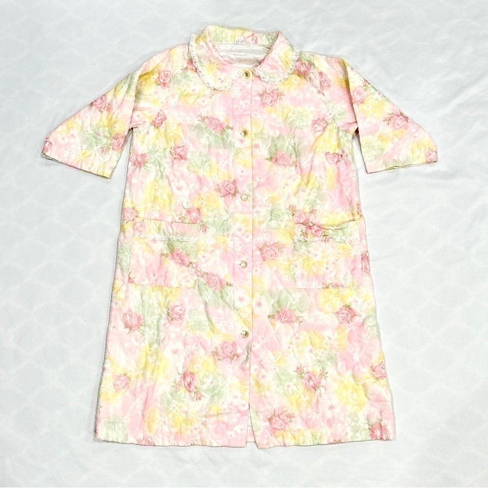 Vintage Pastel Floral Short Sleeve Quilted Housecoat Bed Jacket Robe